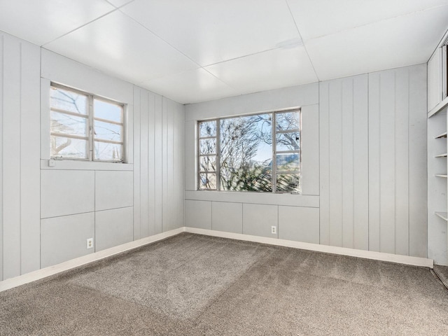 carpeted spare room featuring wooden walls