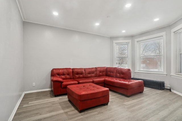 living room with radiator heating unit, light hardwood / wood-style flooring, and crown molding