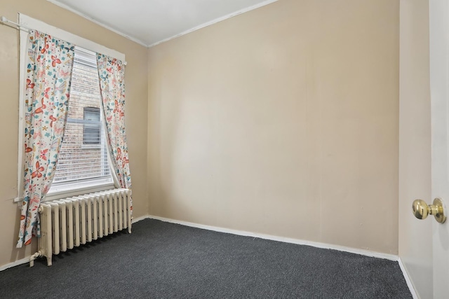 carpeted empty room with radiator and crown molding