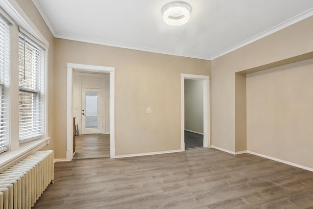interior space with light wood-style flooring, crown molding, radiator heating unit, and multiple windows