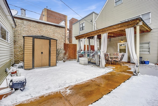 exterior space with a storage shed