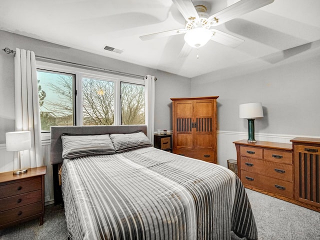 bedroom with ceiling fan and dark colored carpet