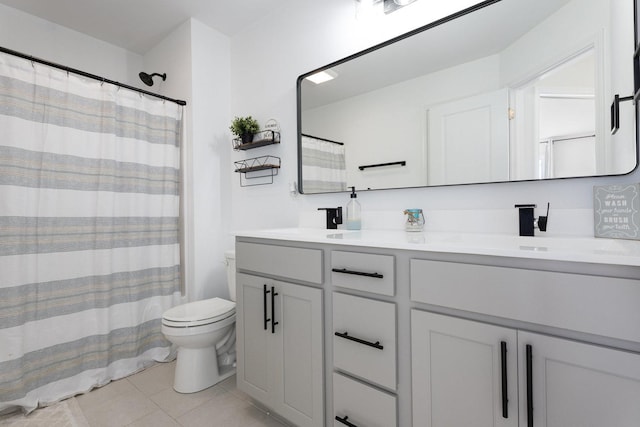 bathroom featuring tile patterned floors, walk in shower, vanity, and toilet