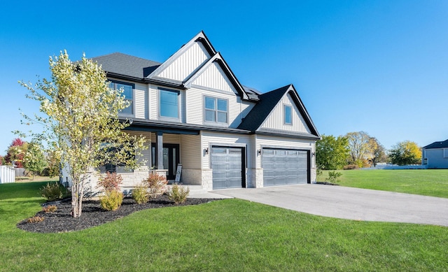 craftsman-style home with a garage and a front lawn