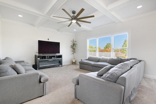 living room with beamed ceiling, light carpet, and coffered ceiling