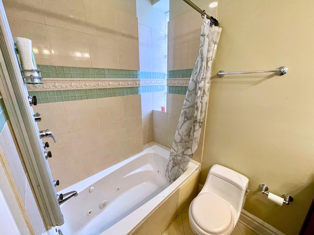 bathroom with toilet and shower / bathtub combination with curtain