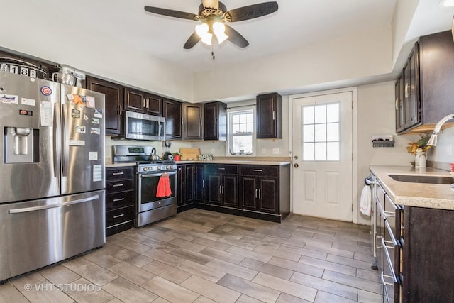 kitchen with dark brown cabinetry, appliances with stainless steel finishes, and sink