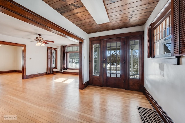 foyer featuring light wood-type flooring, wooden ceiling, and ceiling fan