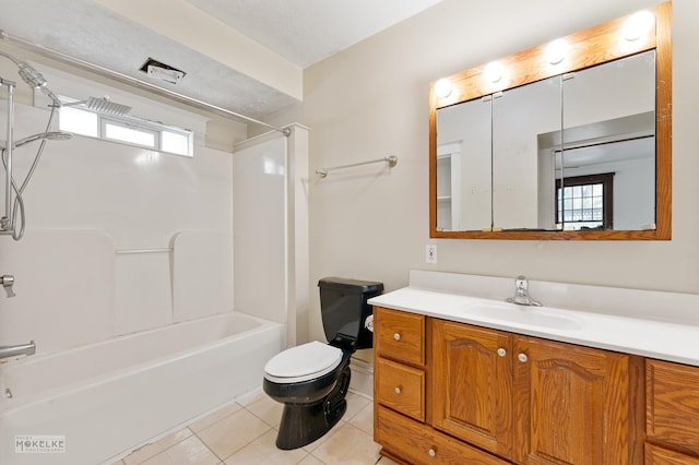 full bathroom with toilet, a healthy amount of sunlight, tile patterned floors, and  shower combination