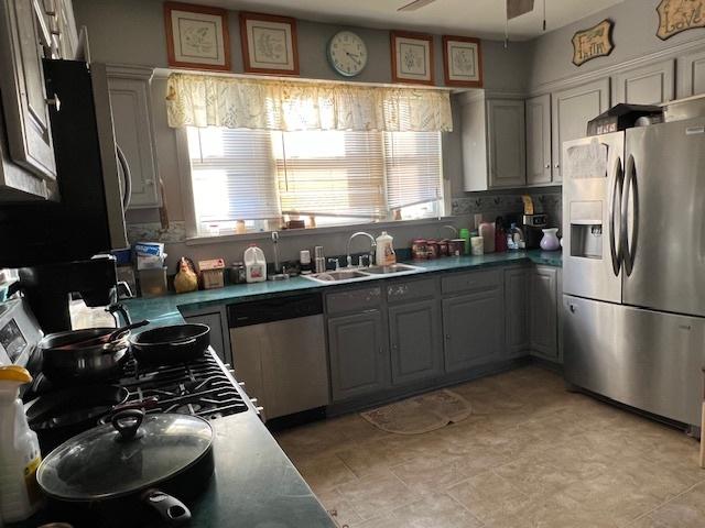 kitchen featuring ceiling fan, appliances with stainless steel finishes, sink, and gray cabinets