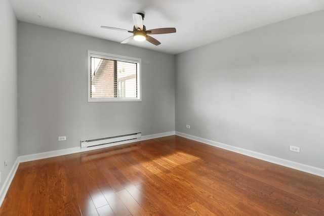 empty room featuring hardwood / wood-style floors, ceiling fan, and baseboard heating