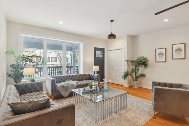 living room with light hardwood / wood-style flooring