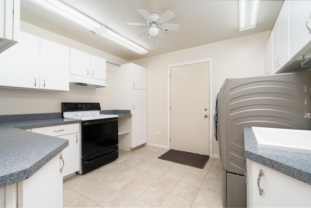 kitchen featuring white cabinets, black range with electric stovetop, ceiling fan, light tile patterned floors, and washer / dryer