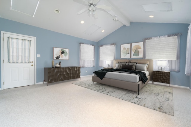 carpeted bedroom featuring vaulted ceiling with beams, ceiling fan, and multiple windows