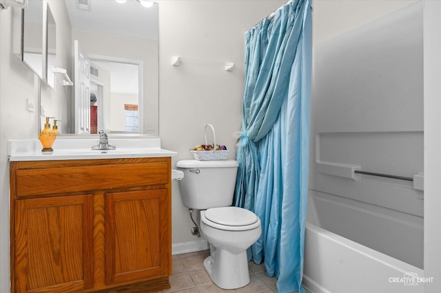 full bathroom with vanity, tile patterned flooring, shower / bathtub combination with curtain, and toilet