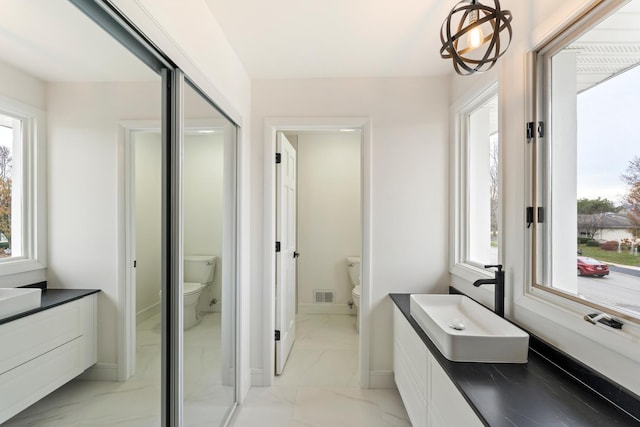 bathroom featuring plenty of natural light, toilet, and vanity