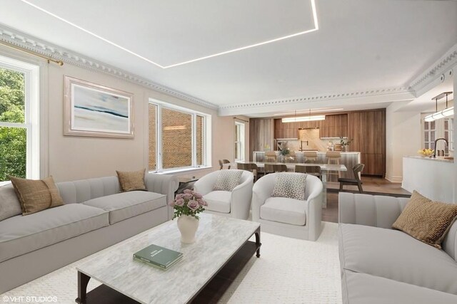 living room with ornamental molding and sink