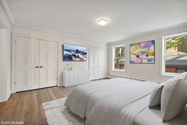 bedroom featuring ornamental molding, two closets, and hardwood / wood-style flooring