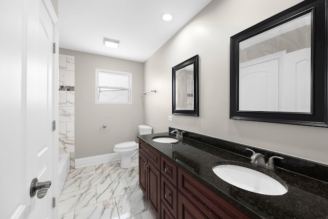 full bathroom with shower / bathing tub combination, vanity, and toilet