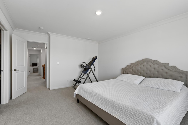 carpeted bedroom with ornamental molding