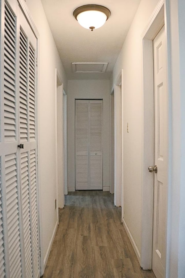 hallway with dark hardwood / wood-style floors