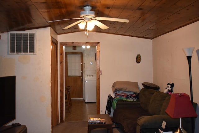 living room with lofted ceiling, ceiling fan, and wooden ceiling