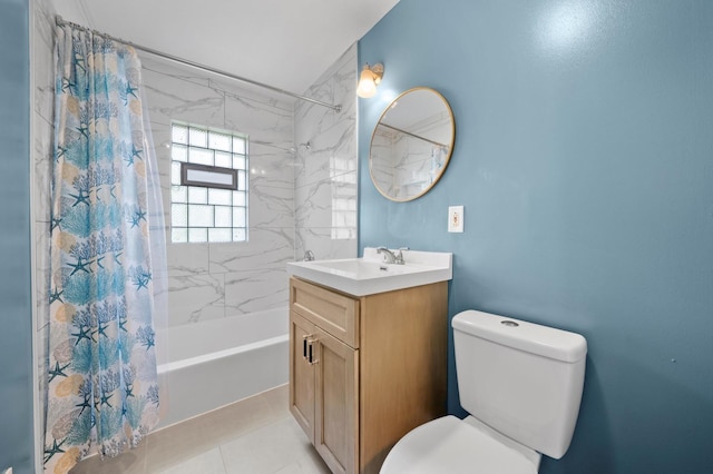 full bathroom featuring toilet, tile patterned flooring, shower / bath combination with curtain, and vanity