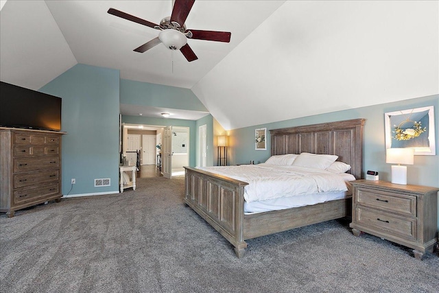 bedroom with lofted ceiling, carpet flooring, and ceiling fan