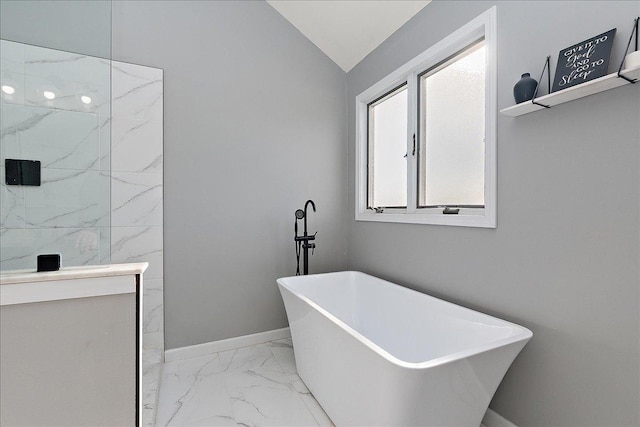 bathroom with lofted ceiling and a washtub