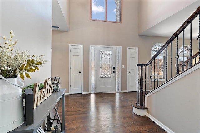 foyer entrance with a towering ceiling and dark wood-type flooring