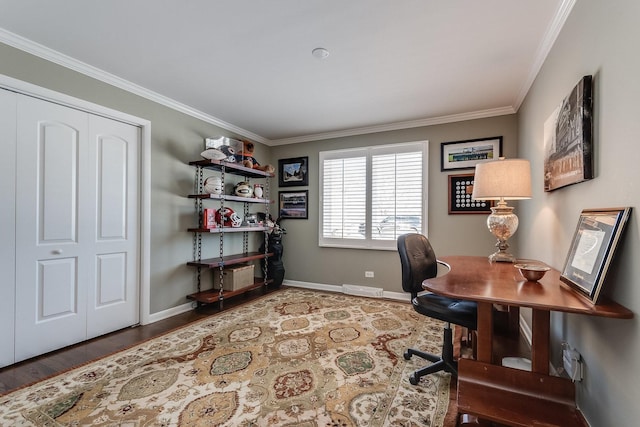 office with hardwood / wood-style floors and ornamental molding