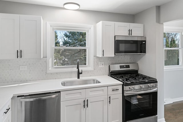 kitchen with stainless steel appliances, white cabinetry, a wealth of natural light, and sink