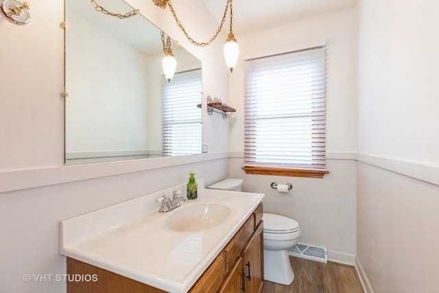 bathroom with vanity, wood-type flooring, and toilet