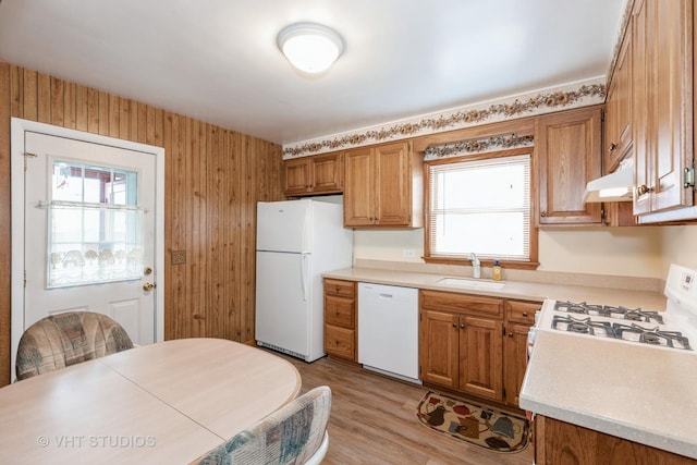 kitchen with sink, a wealth of natural light, white appliances, and light hardwood / wood-style floors