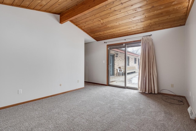 empty room featuring wooden ceiling, carpet, and lofted ceiling with beams