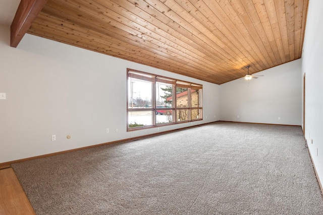 carpeted empty room featuring ceiling fan, wood ceiling, and lofted ceiling with beams