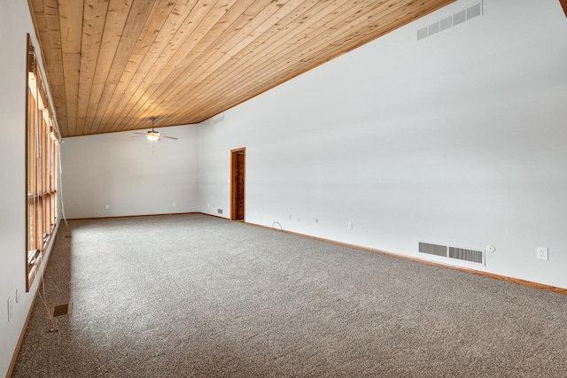 unfurnished room with ceiling fan, wooden ceiling, and carpet flooring