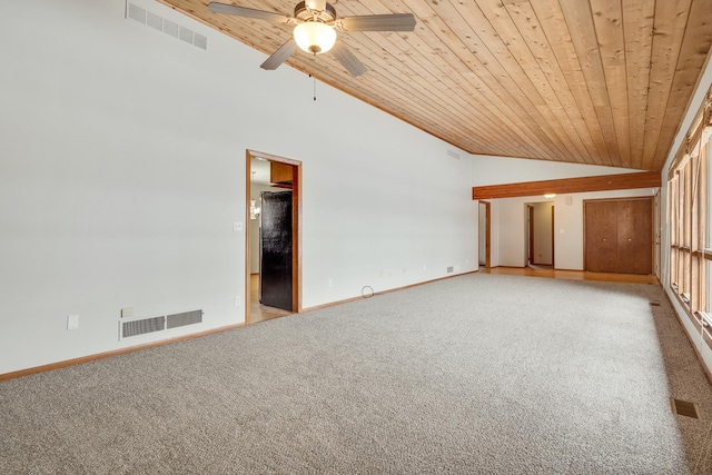 carpeted spare room with wooden ceiling, lofted ceiling, and ceiling fan