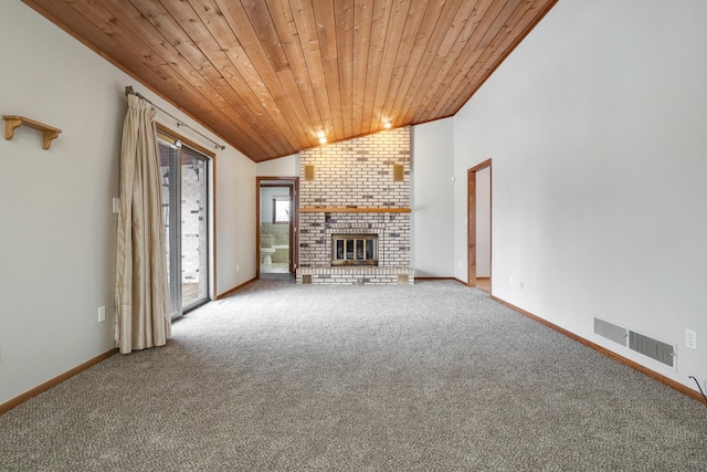 unfurnished living room with wooden ceiling, carpet, lofted ceiling, and a fireplace