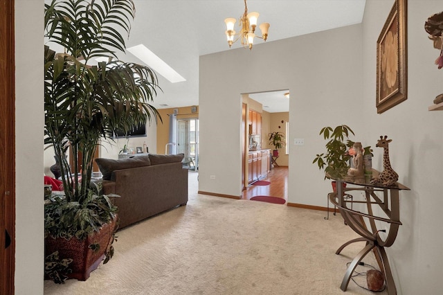 interior space featuring a chandelier and light colored carpet