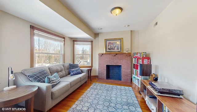 living room featuring a fireplace and light wood-type flooring