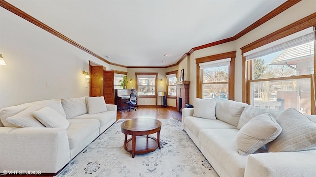 living room featuring crown molding and hardwood / wood-style floors