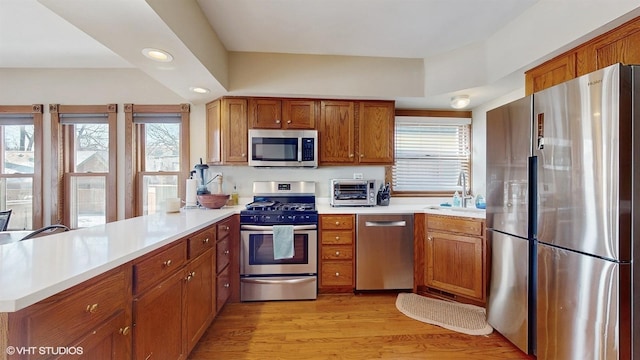 kitchen with light wood-type flooring, a healthy amount of sunlight, kitchen peninsula, and appliances with stainless steel finishes