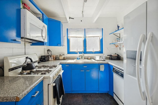 kitchen featuring beam ceiling, blue cabinetry, stone counters, sink, and white appliances