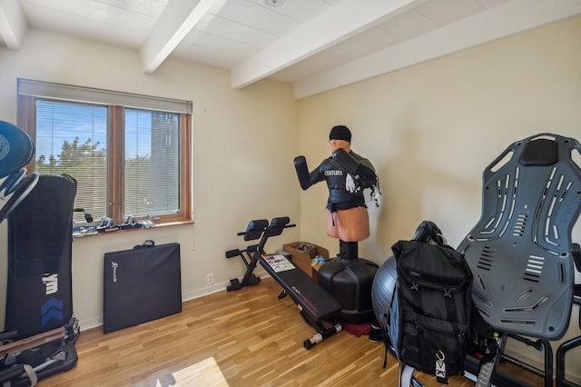 exercise room featuring light wood-type flooring