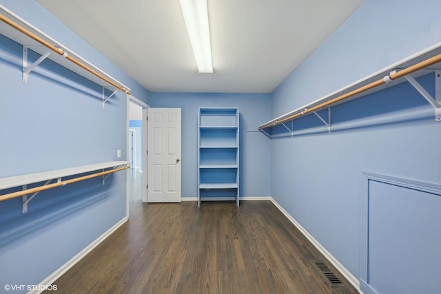 spacious closet with dark hardwood / wood-style flooring