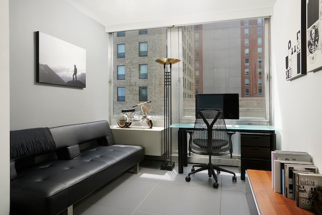 home office with light tile patterned floors