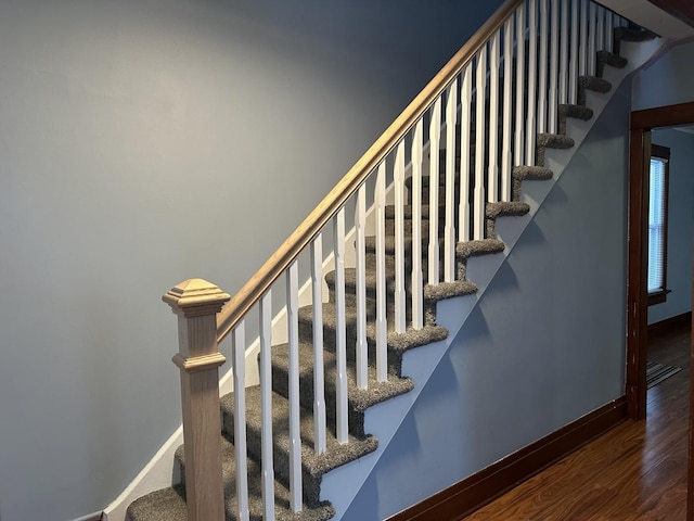 staircase with hardwood / wood-style floors