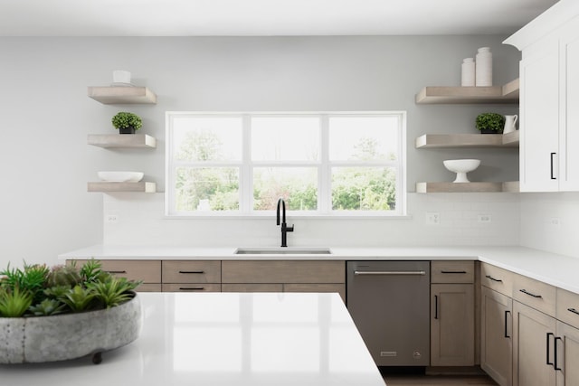 kitchen with decorative backsplash, sink, white cabinetry, and stainless steel dishwasher