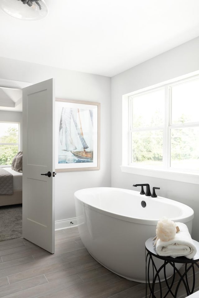 bathroom featuring a bath and hardwood / wood-style floors